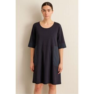 Lafayette 148 NY Lagenlook Cotton A-Line Boxy Art to Wear Dress Navy Size XL